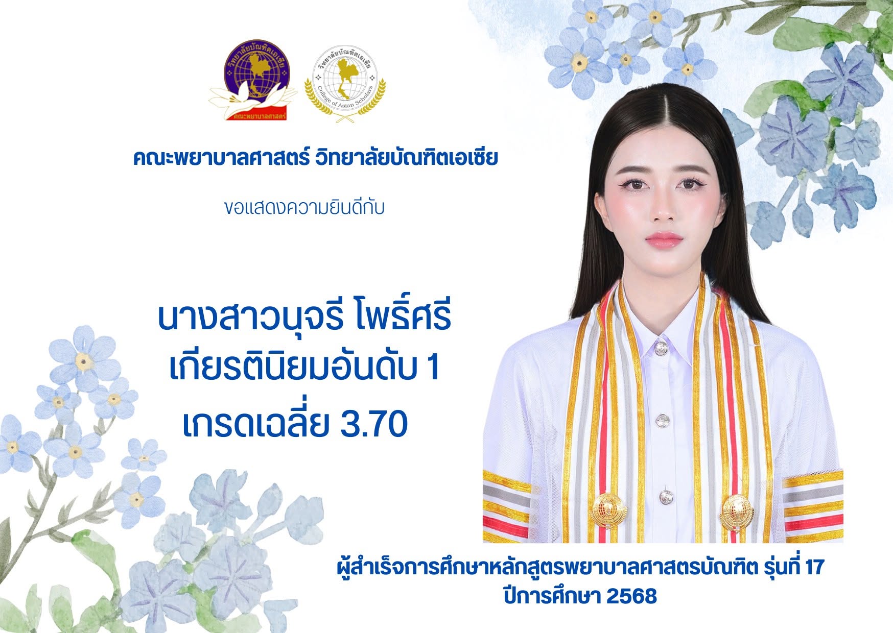 คณะพยาบาลศาสตร์ ขอแสดงความยินดีและชื่นชม กับผู้สำเร็จการศึกษาที่มีผลการเรียนระดับเกียรตินิยมอันดับ 1